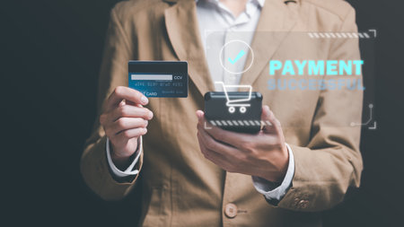 successful payment businessman through smart phones with modern technology,wallet app, banking and...