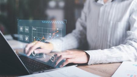 business people read online business statistics chart reports to analyze and improve corporate...