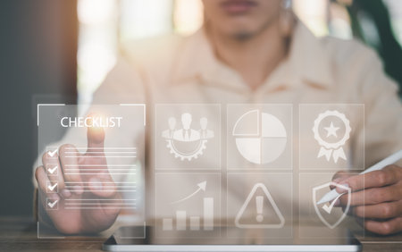 man check mark about exploring topics,In the virtual form check sheet,checklist ideas, checkbox to conduct opinion and quality surveys or satisfaction,Connect and work with modern wireless technologyの写真素材