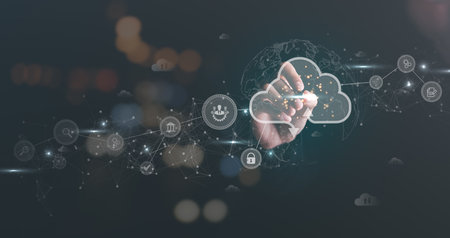 Cloud computing concept,digital network data connection technology, modern communication with information technology, innovation online backup with highly secure protection,man pointing with pen iconの写真素材