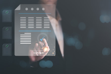 a man reviewing and managing business documents and agreements online,signing a business contract...