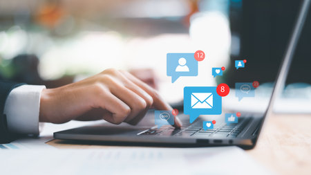 icon on laptop show notifications of new messages,internet application notification...