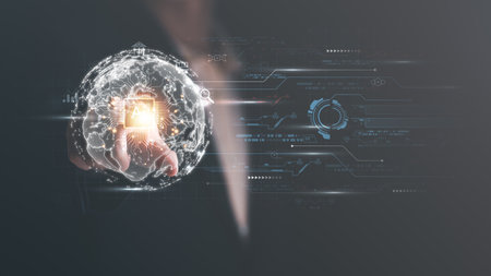 a man and virtual icon,modern cyberspace network technology concept,to communicate and connect information through a global society,innovative and scientific ideas,working through high speed internetの写真素材