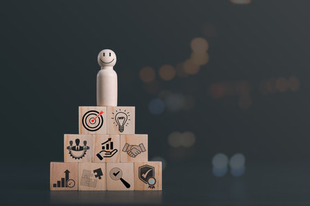 wooden dolls and blocks,represents business growth,concept of progress in development Financial efficiency and investment with business strategies for future goals and opportunities of the industryの写真素材
