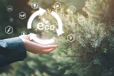 Industrial emissions pollute environment and ecology, including climate change,Carbon Reduction Agreement from Renewable Energy Reduce greenhouse gas emissions,Human hands and icons, nature backgroundの写真素材