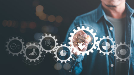 solution concept and demonstrating leadership strategies,Creativity that will lead the business in the right direction,with innovation and brain power from brainstorming,man pointing at icon with penの写真素材