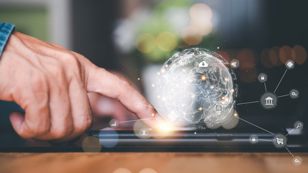 a man and virtual icon,modern cyberspace network technology concept,to communicate and connect information through a global society,innovative and scientific ideas,working through high speed internetの写真素材