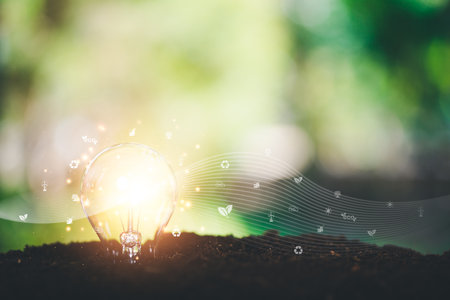 protecting the environment alternative energy Sustainable renewable energy sources Green energy innovation and environmentally friendly energy technology,light bulb on the groundの写真素材