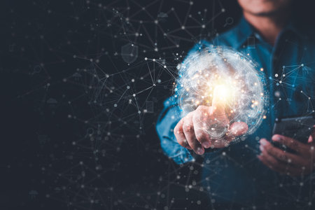 a man and virtual icon,modern cyberspace network technology concept,to communicate and connect information through a global society,innovative and scientific ideas,working through high speed internetの写真素材