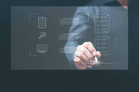 Young businessman checks and analyzes important documents online for approval. Contract Agreement, Employment, Acceptance and Approval Concepts in Business Legal Document Managementの写真素材