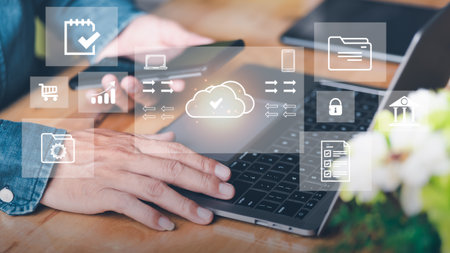 Businessman migrates file system, network and internet, storage and data transfer with cloud...