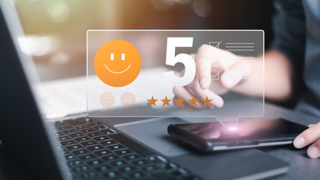 Male consumers give smiley icons and excellent satisfaction ratings,and the positive reviews online,showing satisfactory performance quality,customer experience survey ideas for services and productsの写真素材