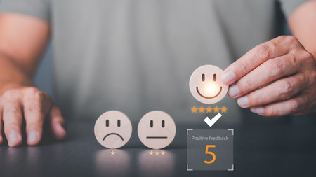 Male consumers rate their satisfaction. Customer Experience Survey Concept For service and product ,5 five star rating,showing great satisfaction. and ready to tell or recommend othersの写真素材