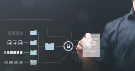 Businessman showing access to information in online documents , through online cybersecurity , Document Management System (DMS) online document database. and storage of databases and digital filesの写真素材