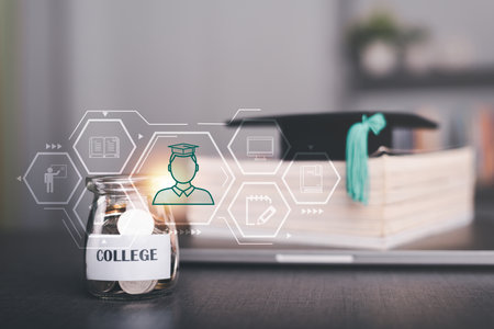 financial growth and investment ideas sustainable income and profit planning retirement preparation future fund management,coin purse and text on paper Represents saving money for college studies.の写真素材
