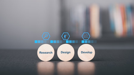 Wooden blocks on the table, business flow icon concept, efficient planning, stepwise strategy...