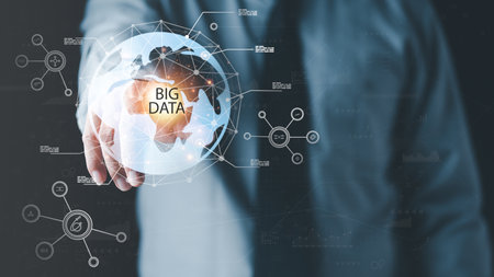 digital network database technology concept, internet data connection, cloud computing,big data, cybersecurity management, global data transmission,human hand pointing at globe iconの写真素材