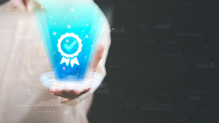 Businessman showing best quality assurance icon for product warranty standard quality concept insurance business industry certification Product Certification Managementの写真素材