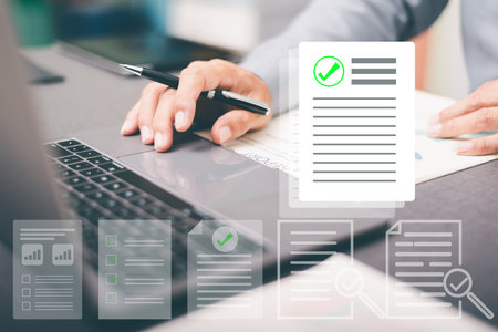Businessmen review procedures through documents containing checkbox lists, rules of conduct concepts, rules and policies, company regulatory documents, terms and conditions.の写真素材