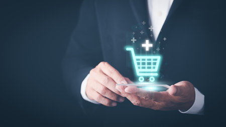 Ecommerce concept and online selling website Cyberspace retail business is used to communicate between store owners and customers, ordering products, virtual shopping carts and business people.の写真素材