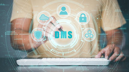 Business people access archives online, through digital database files, document management technology and enterprise systems, secure access to storage space.の写真素材
