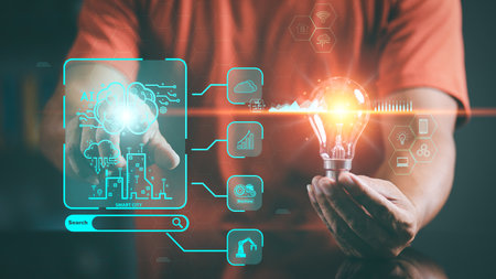 Businessmen connect AI intelligent brain network through cyberspace technology innovation,...