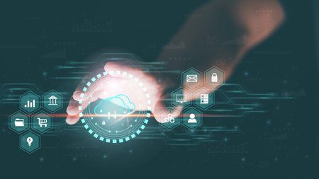 Businessmen who use the cloud to Log into cyberspace through secure online technology and password...