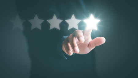 Businessman pointed out the five-star review rating, satisfaction rating,customer services best...