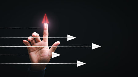 Businessman pointing to red icon,creativity and solving new problems different, business for innovative solution ideas, decision making and dare to change for the better.の写真素材