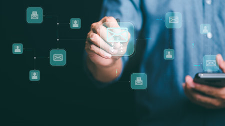 Business people communicate online messages with e-mail, network letter technology and digital...
