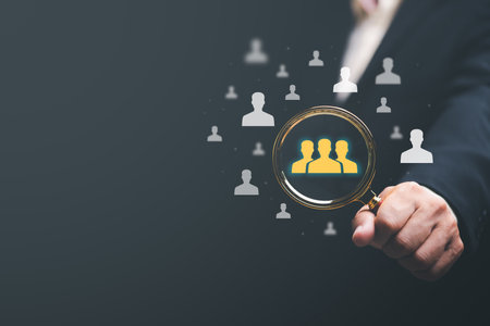 HRM or Human Resource Management Organizational executives plan success strategies through people. Business development concept by choosing professional leaders, employee talent, teamwork.の写真素材