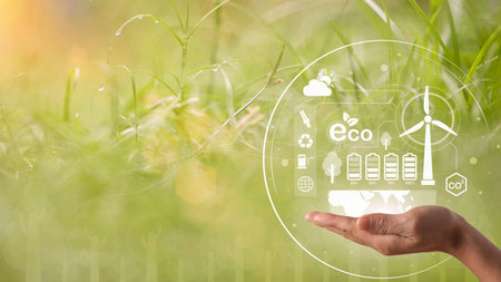 Alternative or renewable energy concepts To conserve resources, innovative green energy derived from nature, icon on hand. and green natureの写真素材