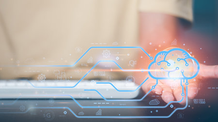 business man holding light bulb and virtual AI icon in hand, future artificial intelligence...