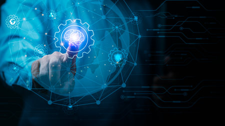 business people connect intelligent brain network through innovative technology cyberspace ,...