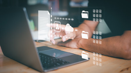 Businesspeople manage corporate document databases through the cloud, cyberspace technology concepts...