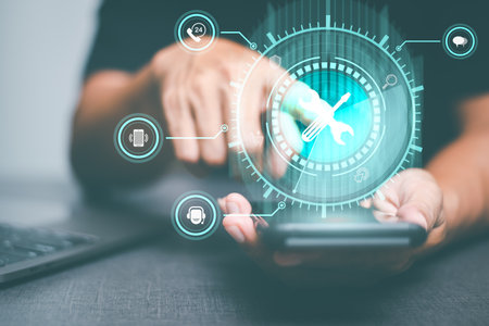 Operator click icon button to contact helpdesk,customer support service concept,call center,business technology button on virtual screen concept,consultant team to help customers solve urgent problemsの写真素材