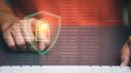 Internet cybersecurity concept, online cyber security, young man pointing to icon. Indicates the...