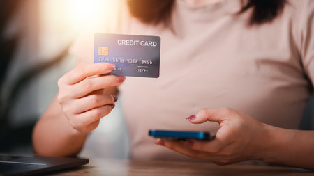 Online payment concept with credit card and smartphone ,online banking service ,internet payment ,Money transfer and service fee payment ,financial transactions with application ,e-commerceの写真素材