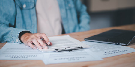 concepts of risk management and insurance ,Financial Management, Investments, Health ,Preventing and evaluating potential business investment benefits ,Examination of documents and contract detailsの写真素材