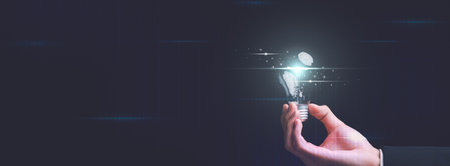 A man showing creative ideas in his hands ,creative thinking ,ideas and innovation ,Connecting creativity with modern technology ,artificial intelligence science and technology ,Finding new solutionsの写真素材