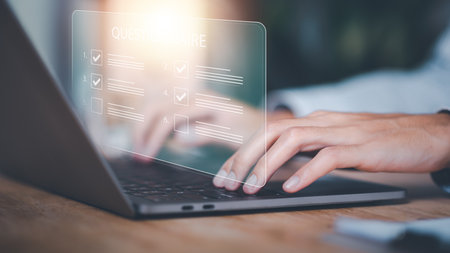 online survey or questionnaire response concept ,online exam filling out survey forms ,using technology for education ,assessment through documents ,quality inspection ,Qualification for Measurementの写真素材