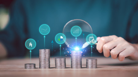 concept of finance and investment ,profit growth management ,financial graphical and statistical analysis ,Stock and currency fund management ,bank interest management ,high return investmentの写真素材