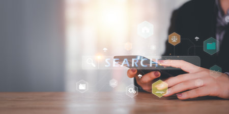 Searching for information of interest through online websites ,keyword search ideas to find references ,access to information on internet ,wireless network data connection technology ,insight researchの写真素材