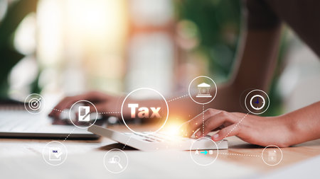 deduction planning and calculating annual tax rate ,business financial budget ,inspection of business finance tax documents ,Individual income tax return form ,payment balance checkの写真素材