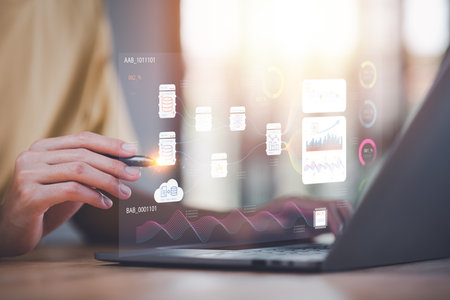 statistical analyst reading graph report and business statistics charts ,Analysis and improvement of corporate strategy ,manage financial and marketing documents , Statistics and Data Conceptsの写真素材