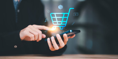 Consumers order in online stores ,Consumer society ,online stores and shop on the internet ,ecommerce store ,online shopping concept ,convenience ,shopping basket ,show orders for productsの写真素材