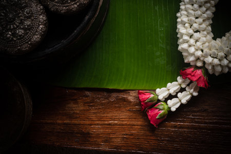 Jasmine garlands for Mother's Day and Songkran Festival in Thailand, copy spaceの写真素材