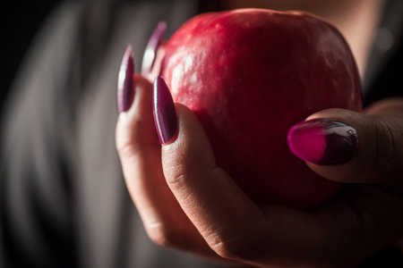 Image of a woman holding an apple in her hand, black background. Close-up.の写真素材