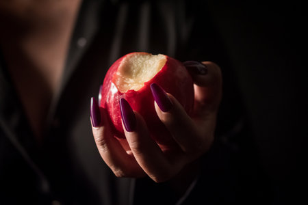Image of a witch holding a bitten apple in her hand, black background.の写真素材