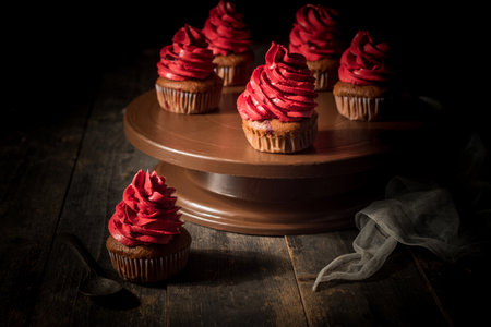 Homemade red cake for Halloween. Festive food concept. Background.の写真素材